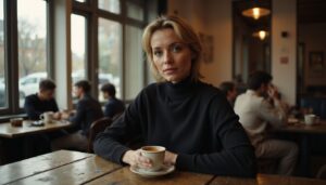Een vrouw in casual avondkleding zit alleen aan een café tafel