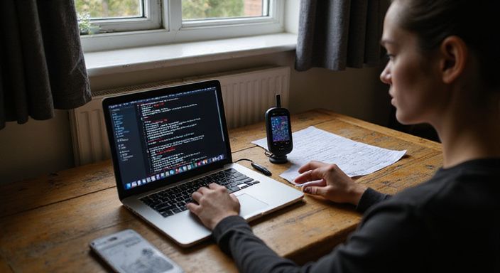 Een houten bureau met een laptop en GPS-ondersteunende aantekeningen.