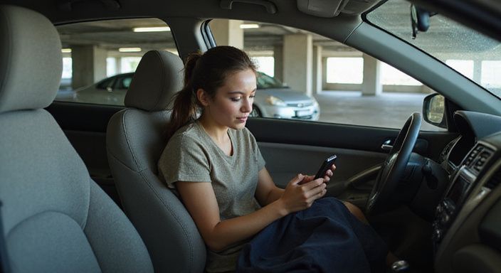 Vrouw in auto deelt GPS-locatie terwijl ze geconcentreerd is.