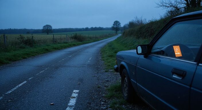 Een verouderde sedan staat geparkeerd langs een landelijke weg.