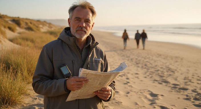 Een man bekijkt een kaart op een zandstrand, alleen.