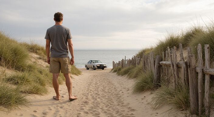 Een man staat ontspannen op een afgelegen zandstrand met duinen.
