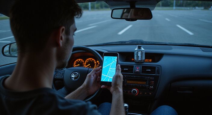 Een persoon in de auto kijkt naar hun GPS-navigatie voor buitensex in Vlaanderen.