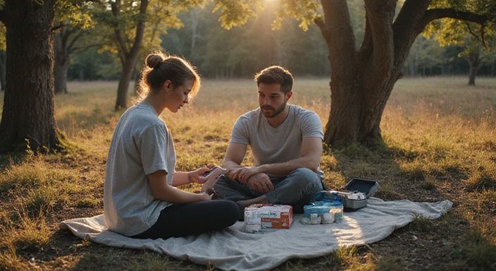 Jong stel op picknickkleed in het bos willen buitensex in Vlaanderen.