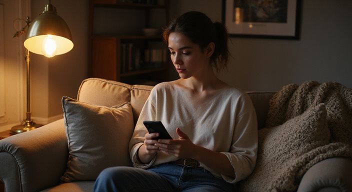 Een vrouw in haar twenties, verdiept in haar smartphone op een vintage bank.