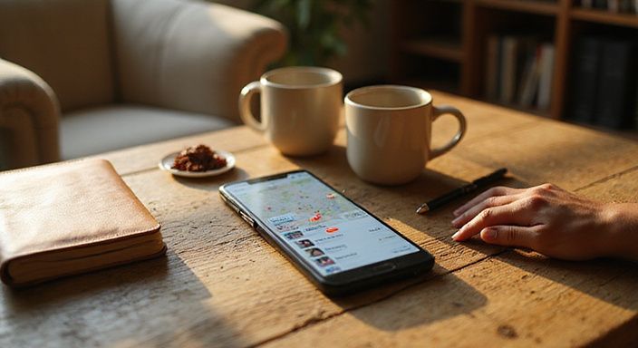 Een smartphone op een tafel met koffie en een notebook.