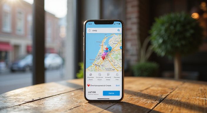 Een smartphone toont een datingapp met interactieve kaart en gebruikerspinnen.