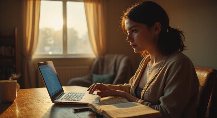 Een vrouw in een appartement, geconcentreerd op haar laptop.