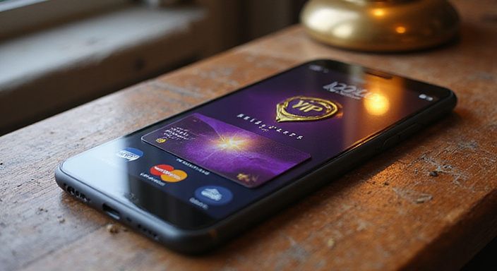 Een smartphone op een verouderd walnotenhouten bureau met betalingsinterface.