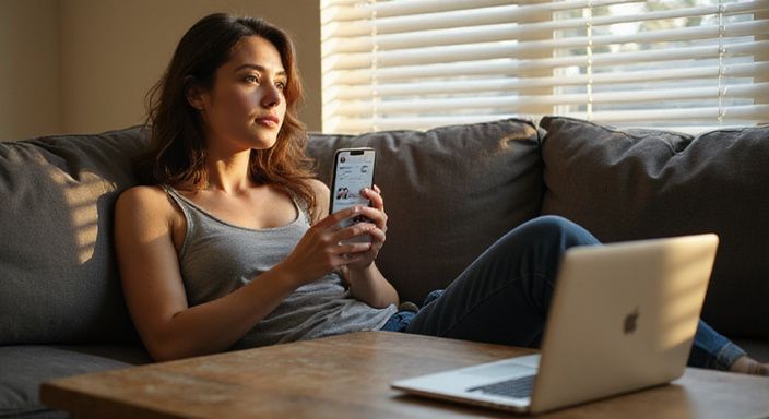 Een vrouw ontspant op de bank en kijkt naar een datingapp voor regio sexcontact.