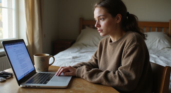 Een vrouw in een oversized trui, geconcentreerd op haar laptop.