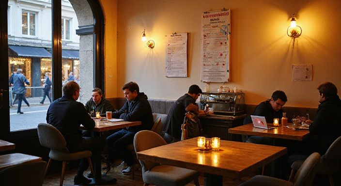 Een levendige Belgische café-sfeer met drukke gasten en een vintage sfeer.