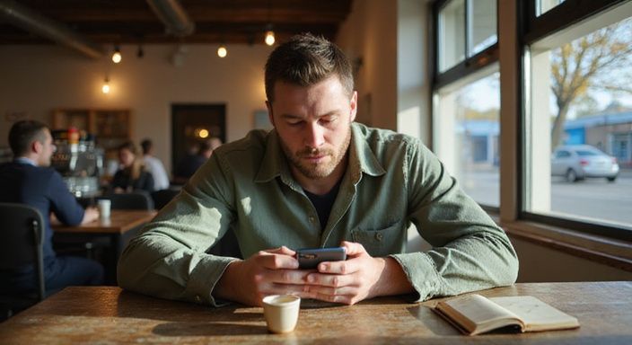 Een man scrollt gefocust op een datingapp in een koffiehuis.