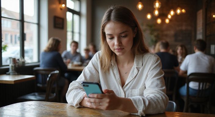 Een vrouw in een café, verdiept in een datingapp op haar smartphone.