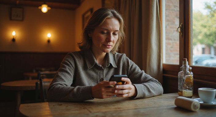 Een vrouw in haar veertig zit alleen in een café.