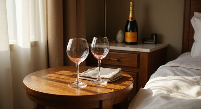 Twee glazen met lippenstift op een elegante tafel in hotelkamer. Twee glazen met lippenstift op een elegante tafel in hotelkamer.