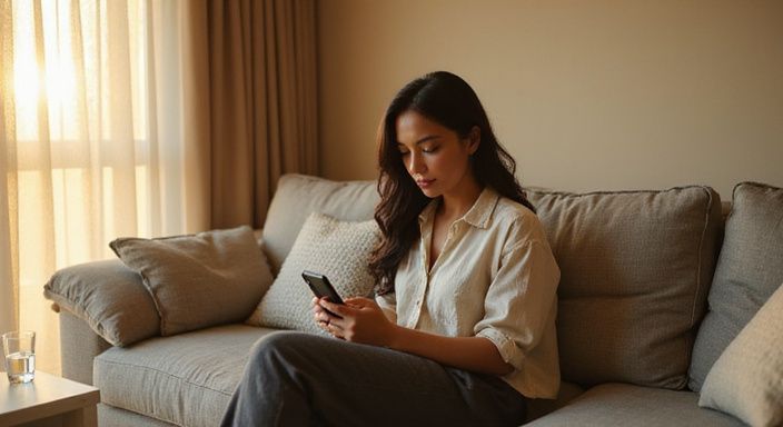 Een vrouw zit contemplatief op een bank met een smartphone. Een vrouw zit contemplatief op een bank met een smartphone.