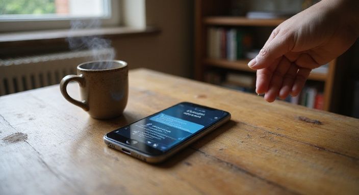 Een smartphone met een datingapp ligt op een houten tafel. Een smartphone met een datingapp voor sexcontact en sexdates in Vlaams Limburg ligt op een houten tafel.