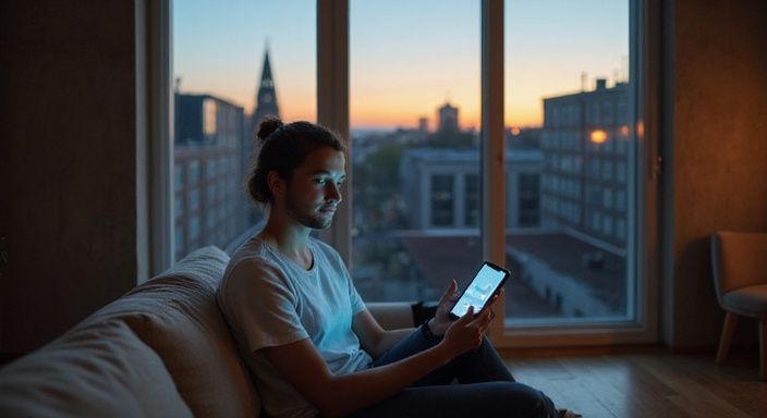 Een persoon in een minimalistisch appartement gebruikt een datingapp. Een persoon in een minimalistisch appartement gebruikt een datingapp voor sexcontact en sexdates in Vlaams Limburg.