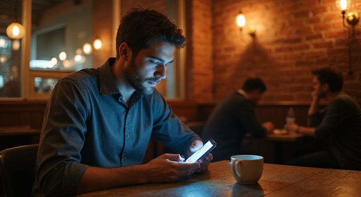 Een man in een café, geconcentreerd op zijn smartphone. Een man in een café, geconcentreerd op zijn smartphone.