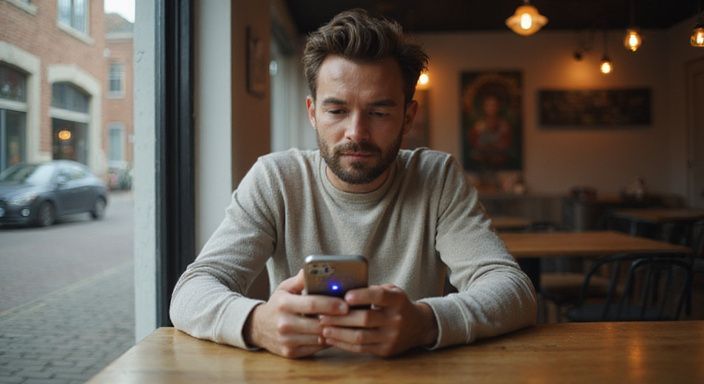 Een man in een café kijkt geconcentreerd naar zijn smartphone. Een man in een café kijkt geconcentreerd naar zijn smartphone.