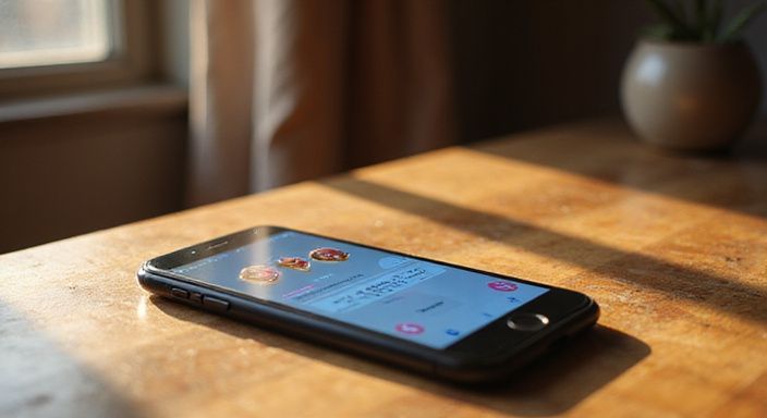 Een smartphone toont een dating-appinterface op een houten bureau. Een smartphone toont een dating-appinterface op een houten bureau.