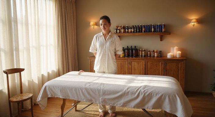 Een luxe spakamer met een centrale massagetafel en sfeervolle decoratie. Een luxe spakamer met een centrale massagetafel en sfeervolle decoratie.