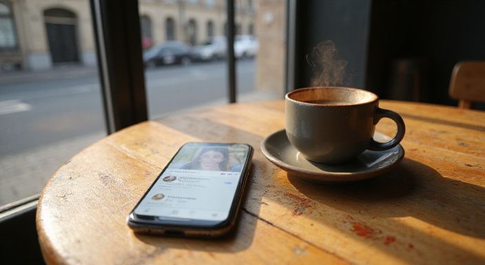 Een smartphone met een datingapp staat naast een koffiekop. Een smartphone met een datingapp staat naast een koffiekop.