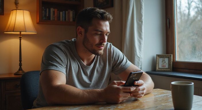 Jonge man bekijkt een datingapp op zijn smartphone in een thuiskantoor. Jonge man bekijkt een datingapp voor een sexdate in Antwerpen op zijn smartphone in een thuiskantoor.