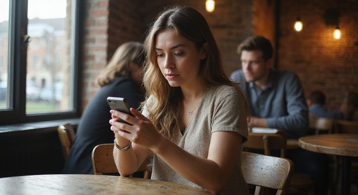 Een vrouw kijkt geconcentreerd naar haar smartphone in een café. Een vrouw kijkt geconcentreerd naar haar smartphone in een café en zoekt een sexdate in Antwerpen.