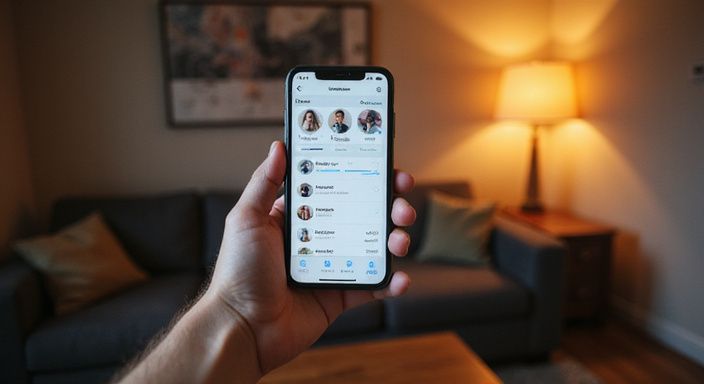 Een hand houdt een smartphone met een datingapp in gebruik. Een hand houdt een smartphone met een datingapp in gebruik.