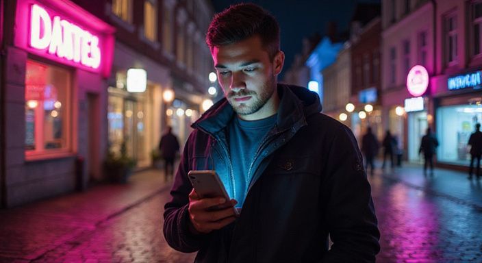 Een man op een kasseistraat in Antwerpen gebruikt een datingapp. Een man op een kasseistraat in Antwerpen gebruikt een datingapp voor een sexdate in Antwerpen.