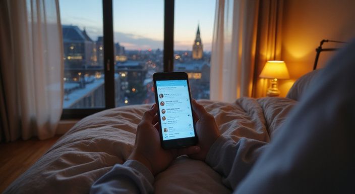 Een persoon bekijkt een dating-app in een moderne slaapkamer. Een persoon bekijkt een dating-app voor een sexdate in Antwerpen in een moderne slaapkamer.