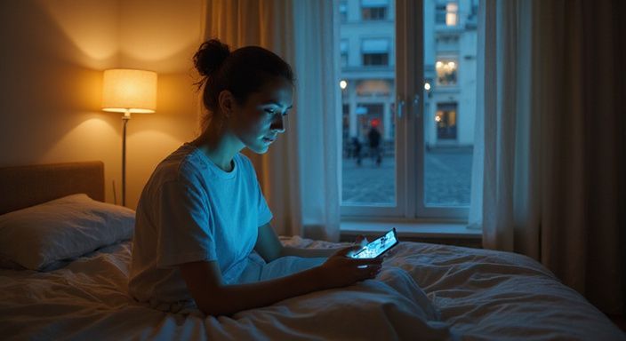 Een vrouw zit op een bed en gebruikt haar smartphone. Een vrouw zit op een bed en gebruikt haar smartphone.