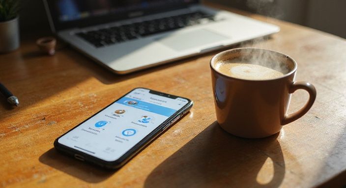 Slimme telefoon met datingapp op een houten bureau, naast koffie. Slimme telefoon met datingapp op een houten bureau, naast koffie.