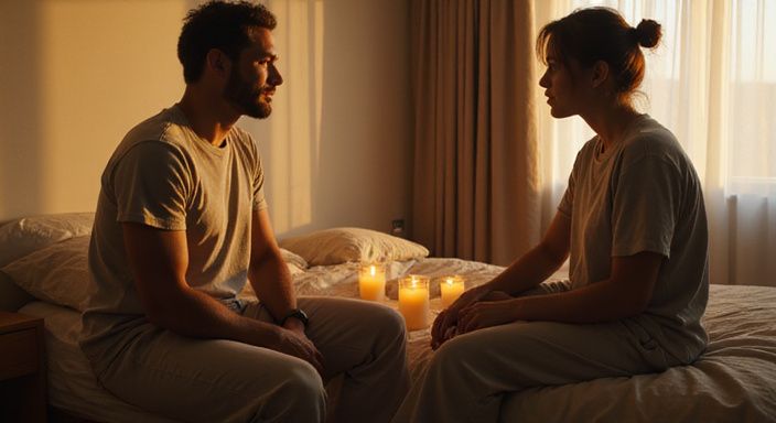 Twee volwassenen delen een ontspannen gesprek in een minimalistische slaapkamer. Twee volwassenen delen een ontspannen gesprek over een sexdate in Vlaanderen.
