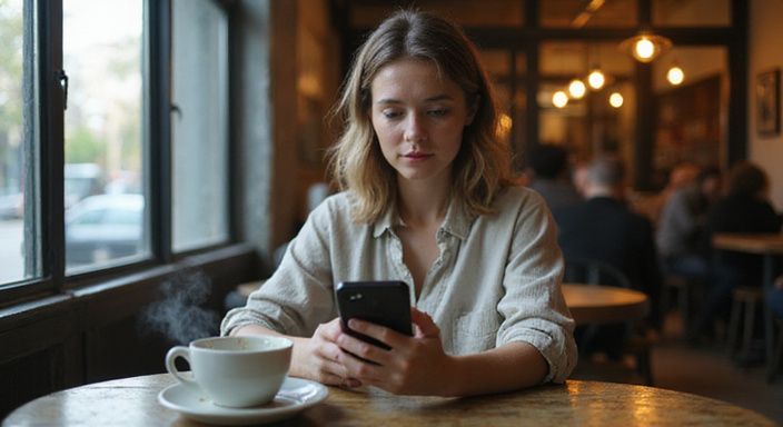 Een geconcentreerde vrouw met een smartphone in een café. Een geconcentreerde vrouw met een smartphone in een café.