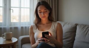 Een vrouw overdenkt keuzes op een datingapp in een minimalistische woonkamer