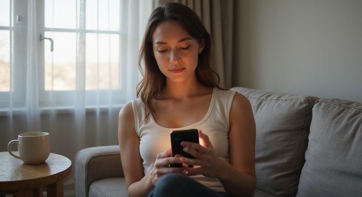 Een vrouw overdenkt keuzes op een datingapp in een minimalistische woonkamer