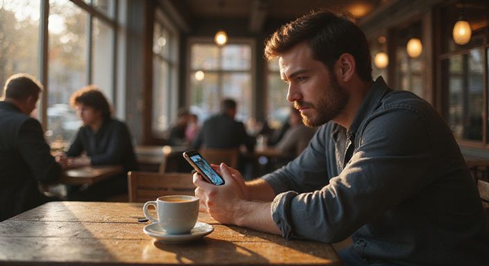 Een man kijkt contemplatief naar zijn smartphone in een café. Een man kijkt contemplatief naar zijn smartphone in een café.