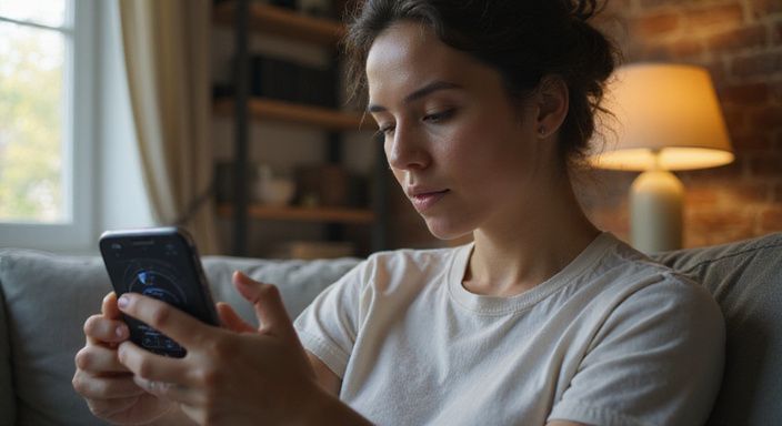 Een persoon in de woonkamer kijkt geconcentreerd naar een datingapp. Een persoon in de woonkamer kijkt geconcentreerd naar een datingapp voor een sexdate in Vlaanderen.