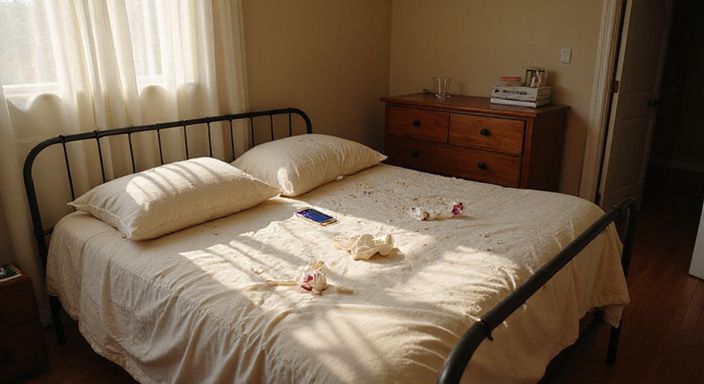 Een onopgemaakt bed met kussens en persoonlijke spullen in een slaapkamer. Een onopgemaakt bed met kussens en persoonlijke spullen in een slaapkamer.