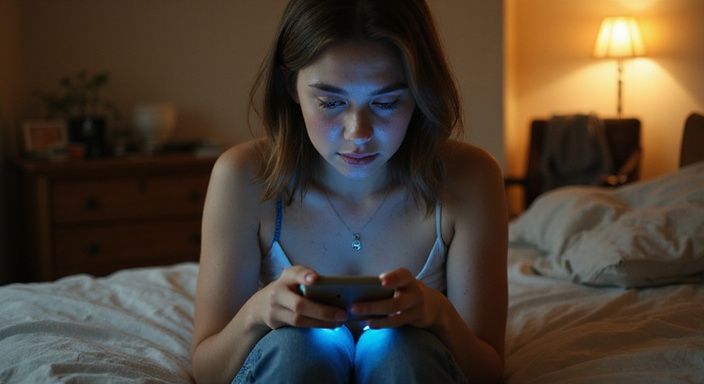 Een vrouw zit op de rand van een bed, verdiept in haar telefoon. Een vrouw zit op de rand van een bed, verdiept in haar telefoon en wil vreemdgaan in Vlaanderen.