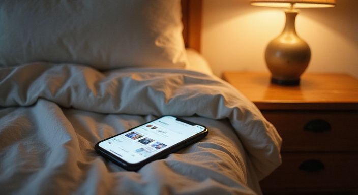Een smartphone op een nachtkastje naast een rommelig bed. Een smartphone op een nachtkastje naast een rommelig bed.