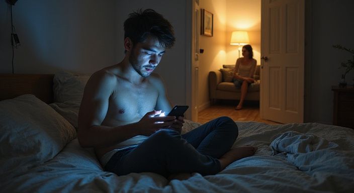 Een man op bed overweegt een datingapp, terwijl een vrouw wacht. Een man op bed overweegt een datingapp voor vreemdgaan in Vlaanderen, terwijl een vrouw wacht.