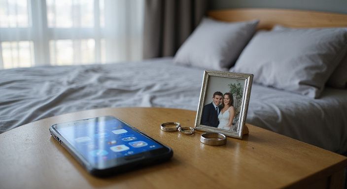 Een smartphone en een trouwring op een ongeordende nachttafel. Een smartphone en een trouwring op een ongeordende nachttafel.