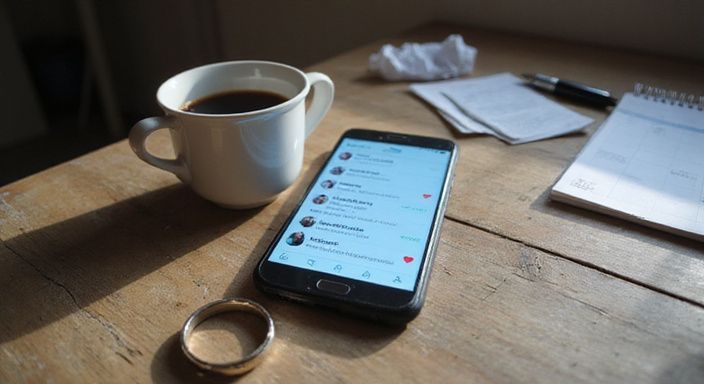Een smartphone ligt naast een keramische mok met koffie op een bureau. Een smartphone ligt naast een keramische mok met koffie op een bureau.