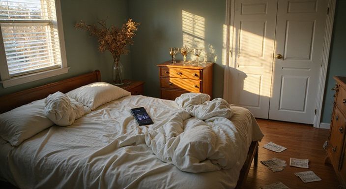 Een rommelige slaapkamer straalt melancholie en verval uit. Een rommelige slaapkamer straalt melancholie en verval uit.