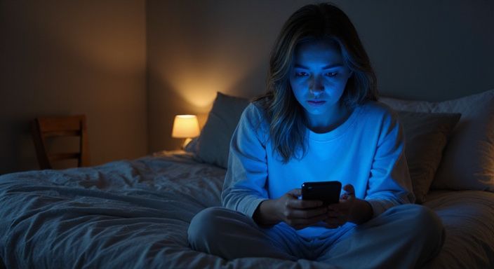 Een vrouw zit op bed, verdiept in gedachten op haar telefoon. Een vrouw zit op bed, verdiept in gedachten op haar telefoon en wil vreemdgaan in Vlaanderen.