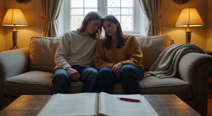 Twee mensen in hun twenties zitten dicht bij elkaar op een bank.
